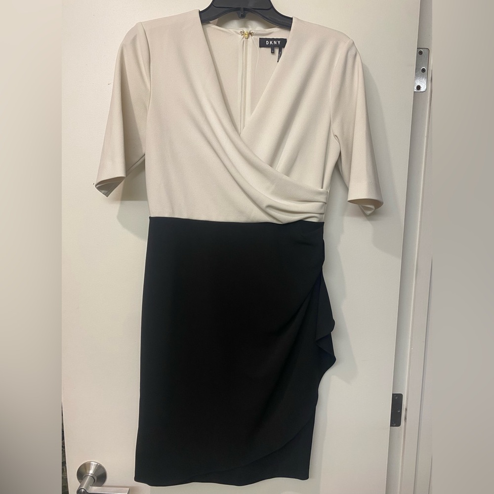 Dkny Cream and Black Asymmetrical Wrap Dress